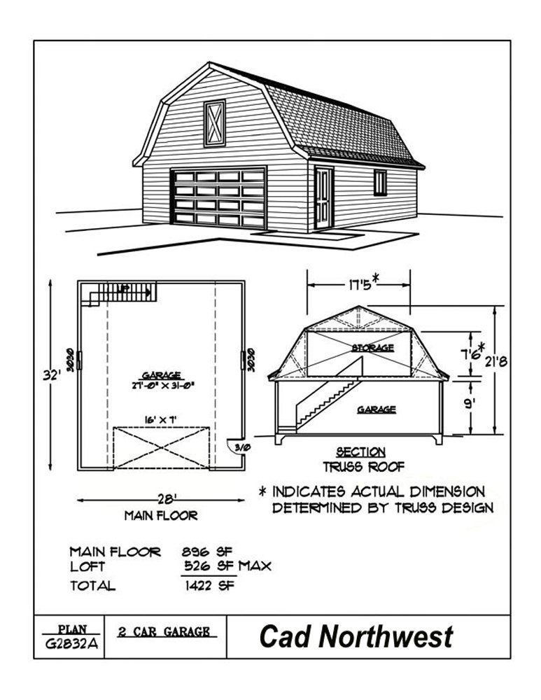 Barn Style Roof Garage Plans - 28' by 32' - Two Car, Single Story ...