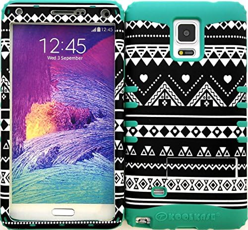 Wireless Fones TM Hybrid Impact Kickstand Cover Case Silicone for Samsung Galaxy Note 4 Black & White Tribal Aztec C on Teal