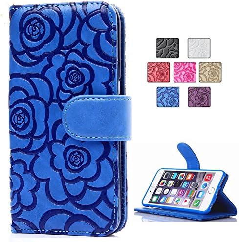 IPhone 6s Plus Case, Premium Vintage 3D Emboss Flower Flip Wallet Shell PU Leather Magnetic Cover Skin with Detachable Wrist Strap Case for iPhone 6/6s Plus 5.5 Inch (Blue)