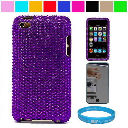 Premium Two Piece Rhinestone Design Protective Cover Case for Apple iPod Touch 4th Generation (8GB 16GB 32GB) iPod Touch 4 Latest Gen + Mirror Screen Protector + SumacLife TM Wisdom Courage Wristband, Purple
