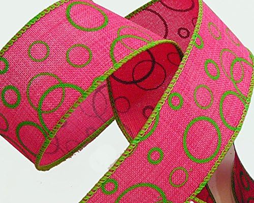 Lime Circles on Hot Pink Denim Ribbon, Designer Wired Ribbon, 1 ½" W, 10 Yd spools, #9