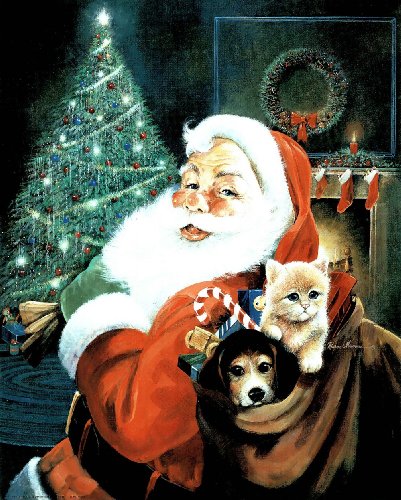 Santa Claus Dog Cat Christmas Tree Print POSTER Clause - 16