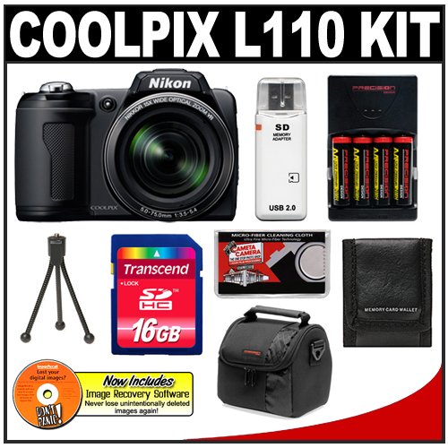 Nikon Coolpix L110 12.1 Megapixel Digital Camera with 15x Optical Zoom (Matte Black) + 16GB Card + (4) Batteries + Case + Accessory Kit