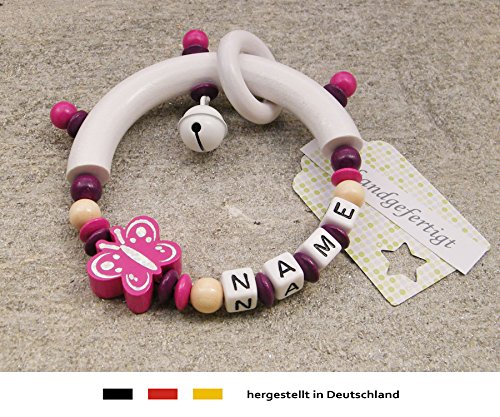 Baby Greifling Beißring halbrund mit Namen | individuelles Holz Lernspielzeug als Geschenk zur Geburt & Taufe | Mädchen motiv Glitzer Schmetterling in pink