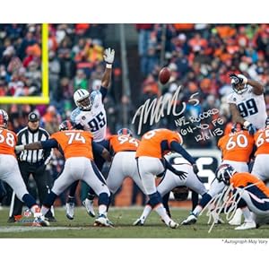 Matt Prater & Britton Colquitt Denver Broncos Autographed 8'' x 10'' Horizontal Behind Shot Photograph with NFL Record 64-YD FG 12/8/13 Inscription - Memories - Mounted Memories Certified
