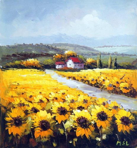 Impression / Abstract Expressionism / Modern, Landscape / Scenery, Summer Sunflowers, Handmade Oil Painting on Canvas, Hand Signed, with Certificate of Authenticity, Size 20 X 24, Framed / Stretched / Gallery Wrap, Ready to Hang, Perfect Wall Décor, Free Shipping
