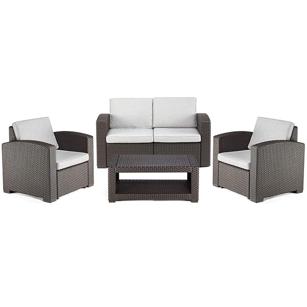 Pamapic 4 Piece Outdoor Patio Furniture Sets All Weather Chair Washable Cushion Double Layer Coffee