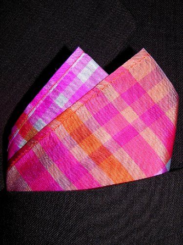 ORANGE PURPLE PLAID Silk Pocket Square, 100% Silk - by Royal Silk