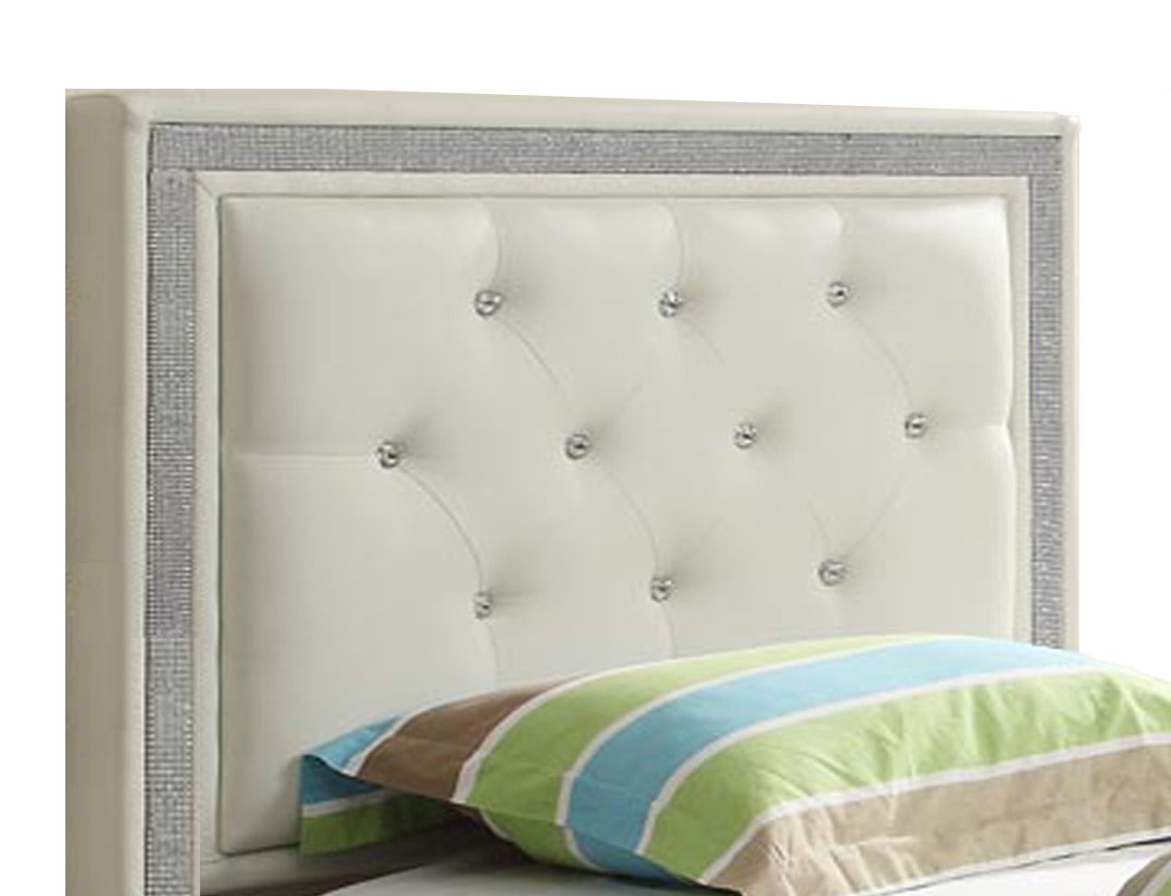 Queen White Faux Crystal Button Tufted Leatherette Upholstered Bed