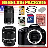 Canon EOS Rebel XSi digital slr camera with 18-55mm IS Lens, 75-300mm EF Lens, Eyecup Ef, Wide Strap EW-100DBIII, Video Cable VC-100, USB Interface Cable IFC-200U, Battery Pack LP-E5, Battery Charger LC-E5, EOS Digital Solution Disk, Instruction Manuals, Warranty Card, 3 Year Worldwide Extended Warranty, Extra LP-E5 Replacement Battery, (2) 58mm UV Haze Lens Filters, 4gb SD Memory Card, SDHC Pocket Card Reader, and a Deluxe Cleaning Kit.