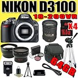 IMAGE OF Nikon D3100 14.2MP Digital SLR Camera with 18-200mm f/3.5-5.6G AF-S ED VR II Lens Filter Wide Angle / Telephoto Lens DavisMAX HD 64GB Bundle