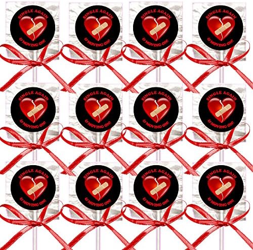Divorce Party SINGLE AGAIN and Moving On Mended Heart lollipops with RED Ribbon Bows (12 pieces) Party Favors