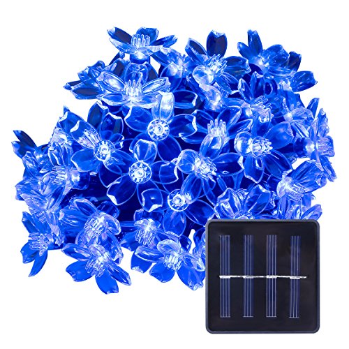 LE 23ft Christmas Solar String Lights, 50 LEDs, Waterproof Blue Cherry Blossom String Lights with Light Sensor, Decoration, Outdoor, Christmas Tree, Thanksgiving, Wedding, Gardens, Lawn, Patio, Party