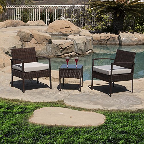 Belleze 3 PC Rattan Patio Furniture Set Wicker Garden Lawn Chair Cushioned Seat Coffee Table, Brown