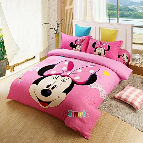 USpiece Cartoon Children Disney Minnie Mouse M Printed Bed Quilt Cover 4PCS Bedding Set Duvet Cover Queen