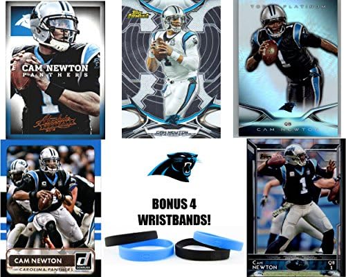Cam Newton Carolina Panthers Assorted NFL Football Cards + Football Wristbands (4 wristbands 5 cards)