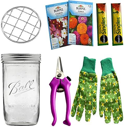 Mason Jar Gift for Gardener Filled With Essential Gardening Items Designed To Plant, Cultivate, Snip and Display. Includes Flower Arranging Lid Insert Converting Jar Into Reusable Vase.