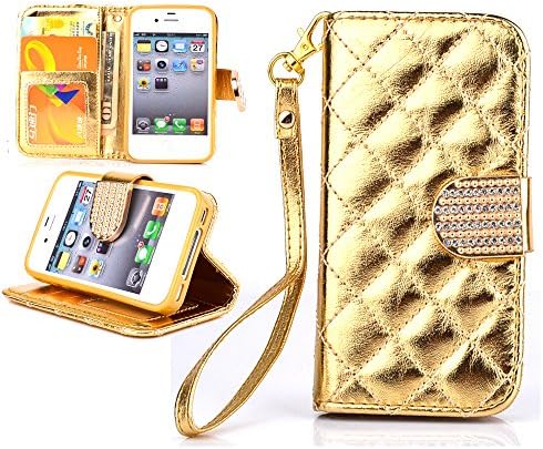 iphone 4 bling ,wallet case for iPhone (4s),3D Case for iphone 4,Ezydigital Carryberry Loverly Series PU Leather Wallet Bling Case soft SIlicone TPU Tnner Cover with Stand, Credit Card Holders and strap for iphone 4 with 4s /(Gold )