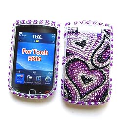 BlackBerry Torch 9800 & 9810 (AT&T) Snap-on Protector Hard Case Rhinestone Cover "Bling Bling Purple Love" Design