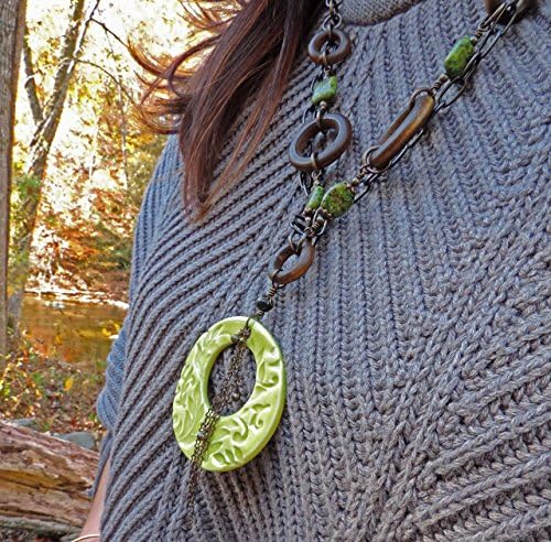 Rustic Scroll Leaf Ceramic, Wood and Gemstone Statement Necklace in brown and lime green accents