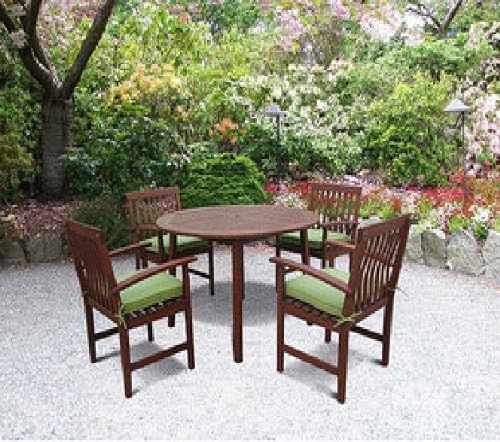 5 PC OUTDOOR PATIO DECK CHAIRS TABLE WOOD DINING CUSHIONS TEAK FINISH