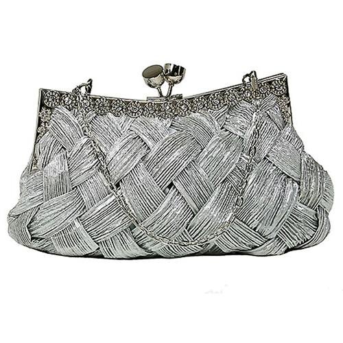 SILVER WOVEN BRAID CLUTCH W/RHINESTONE TRIM