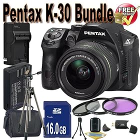 Pentax K30 Digital Camera with 18-55mm WR Lens Kit (Black) + 16GB SDHC Class 10 Memory Card + Extended Life Battery + External Rapid Travel Quick-Charger + USB Card Reader + Memory Card Wallet + Shock Proof Deluxe Case + 3 Piece Professional Filter Kit + Professional Full Size Tripod + Accessory Sav