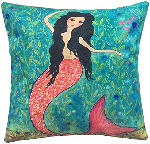 LOULANJX Square Decorative Throw Pillow Case Cushion Cover Retro Mermaid Linen Pillow Painting Fish Gifts Style Fashion Pillowcase18 X18 Inch Four Seasons General (JX66-A8)