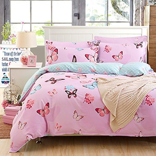 Tiggo 4 Piece Full/Queen Size Duvet Cover Set Butterfly Pattern ,Duvet Cover with 2 Pillow Shams,1 Flat Sheet(No Comforter) - 100% Cotton - Breathable and Extremely Durable