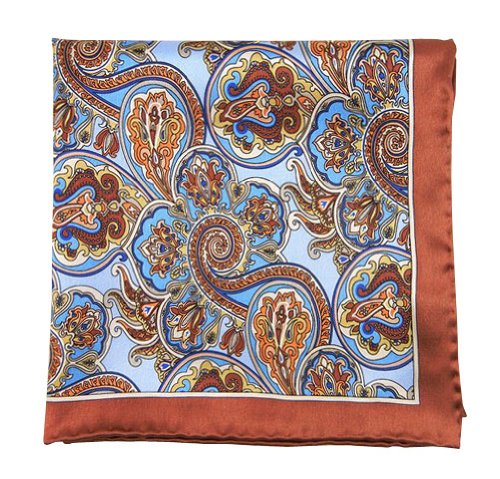 100% Printed Silk Latte and Light Blue Bolstered Paisley Pocket Square