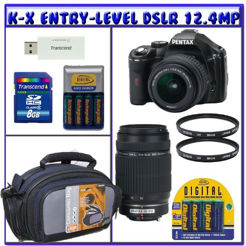 Pentax K-x 12.4 MP Digital SLR w/ 18-55mm f/3.5-5.6 AL and 55-300mm f/4-5.8 ED Lenses (Black) + 8GB + UV + Case + Rapid AC Charger + 8PK Rechargeable Batteries