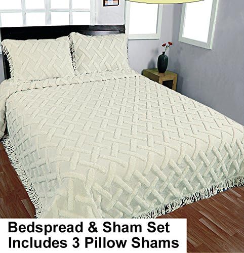 Ecru Trellis King Size Chenille Bedspread and 3 Sham Set- Clearance Sale