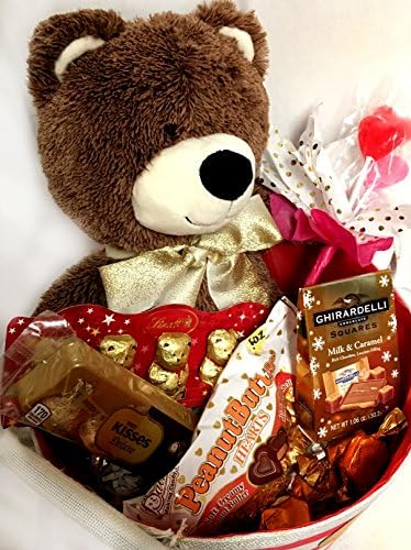 Pink & Gold Valentine's Basket - 12" Plush Bear with Assorted Chocolates