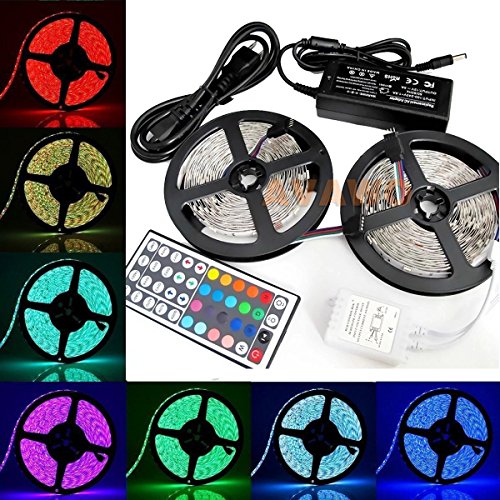 AVAWO Flexible Adhesive Lights Strip - LED Strip Lights Kit, RGB Multi-colored, 2 Reels 32.8ft, 44-key IR Controller + 12V 5A Power Supply