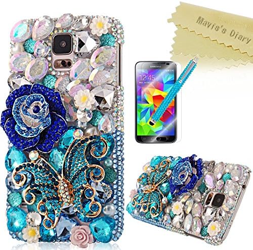 Mavis's Diary 3D Handmade Crystal Butterfly and Flowers Rhinestone Diamond with Clear Hard Case Cover for Samsung Galaxy S5 I9600 with Soft Clean Cloth (Blue Butterfly Blue Flower Case+Stylus Pen+HD Screen Protector)
