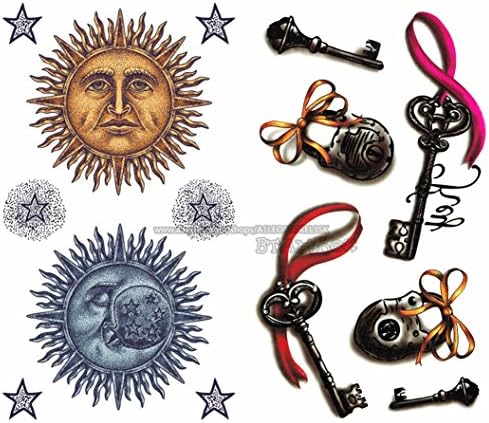 BTArtbox 3D Key/Lock/Sun/Moon Temporary Tattoo Waterproof Paper Body Art Decal - Long Duration, High Quality, Easy To Use And Look Great On Any Skin Type 2 Sheet