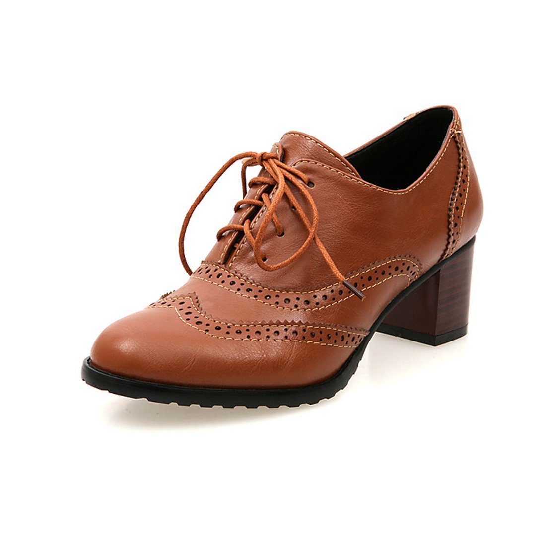 England Brogue Shoe Womens Laceup Mid Heel Wingtip Oxfords Vintage PU