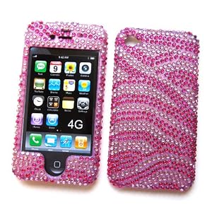 Apple iPhone 4 Snap-on Protector Hard Case Rhinestone Cover "Pink Wave" Design