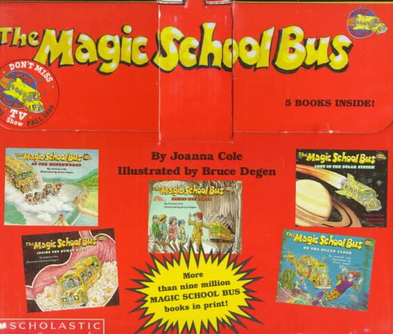 The Magic School Bus 5 books inside Briefcase At the Waterworks, Lost in the Solar System, Inside the Human Body, Inside the Earth, On the Ocean Floor