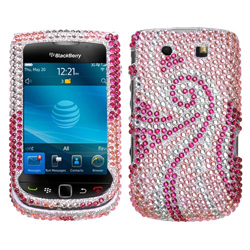 BlackBerry 9800 Torch Cell Phone Full Diamond Crystals Bling Protective Case Cover Silver with Hot Pink Spiral Pheonix Tail Design