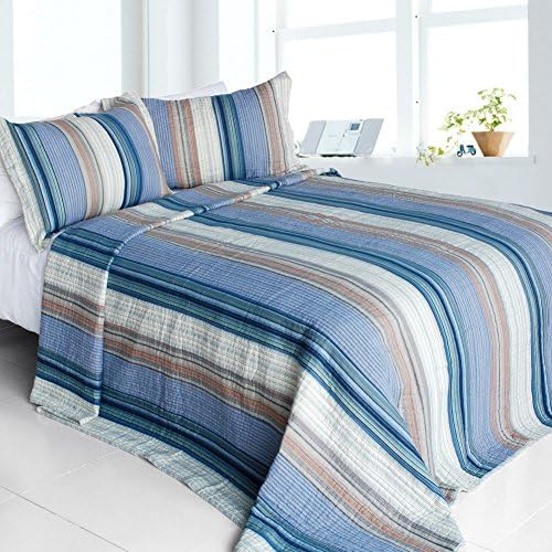 Blancho Bedding [Happy Art] 3-Pieces Stripe Printed-Quilted Cotton Quilt Set (Full/Queen Size)