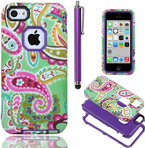 iPhone 5C case Cover,iPhone 5C case cute, ULAK High Impact Hybrid PC TPU Shock Absorbing Armor Case for Apple iPhone 5C w/ Screen Protector and Stylus - Retail Packaging ( Paisley Flower + Purle PC )