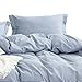Wake In Cloud - Washed Cotton Duvet Cover Set, White Striped Ticking Pattern Printed on Navy Blue, 100% Cotton Bedding, with Zipper Closure (3pcs, Queen Size)