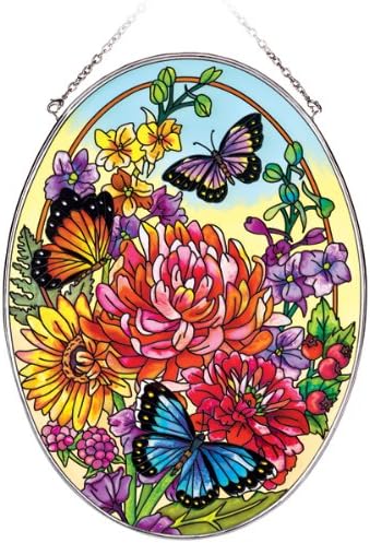 Amia 5643 Oval Suncatcher with Butterfly Design, Hand Painted Glass, 6-1/2-Inch by 9-Inch