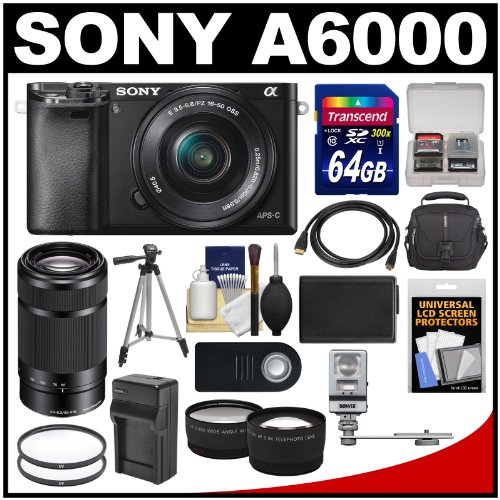 detail Sony Alpha A6000 Wi-Fi Digital Camera & 16-50mm & 55-210mm Lens with 64GB Card + Case + Flash + Battery/Charger + Tripod Kit