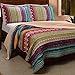 Western Tribal Geometric Chevron Stripe Pattern Print Multicolor Bedding Blue Pink Yellow Luxury Reversible 100 Cotton Quilt Set with Shams Double Full Queen Size - Includes Bed Sheet Straps
