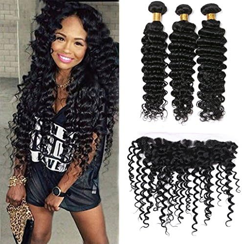Silkylong Peruvian Hair Deep Wave Lace Frontal Closure With 3 Bundles 4 x13 Free Part Virgin Hair Bundle Deals With Frontal Closure (16 18 20+14'')