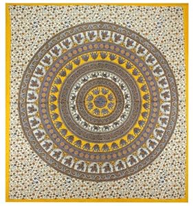 Yellow & Blue Elephant Circle Indian Tapestry - Mandala Wall Hanging for Dorms