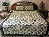 3pc Indian Cotton Bedspread Green Floral Print Bedding Throw