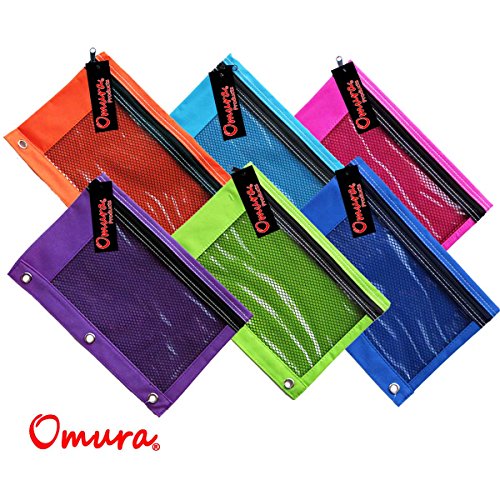 OMURA COLORFUL PENCIL POUCH with Mesh Window, Zippered & Standard 3-Ring Binder, Pack 6 pcs